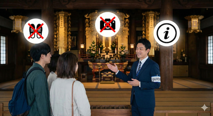 A volunteer guide explaining rules (no shoes, no photos) to tourists in a Japanese temple. / 日本の寺院で、ボランティアガイドが観光客にルール(土足厳禁、撮影禁止)を説明している様子。