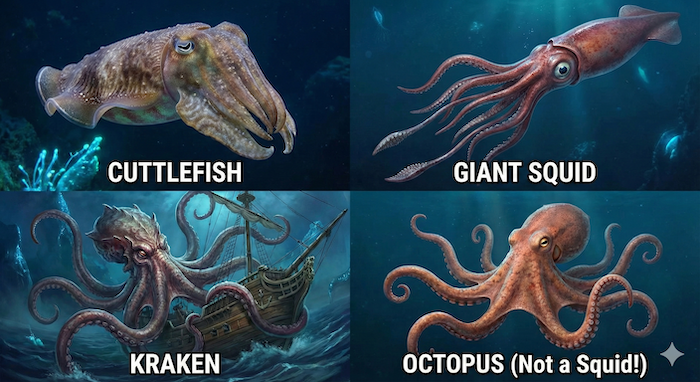 Collage of squid, octopus, kraken. (イカ、タコ、クラーケンのコラージュ。)