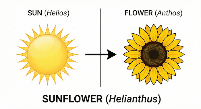 太陽と花でひまわりを示す図。