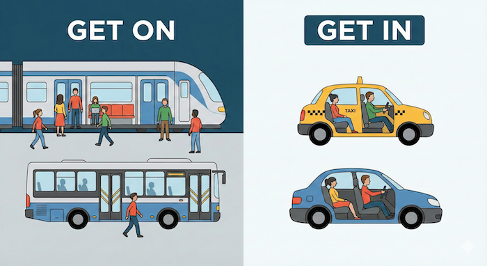 Infographic contrasting get on and get in / GET ON と GET IN の比較図