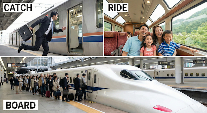 Collage of catch, ride, and board train / 電車を catch、ride、board するコラージュ