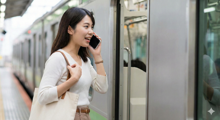 Woman talking on phone getting on train / 電話しながら電車に乗る女性