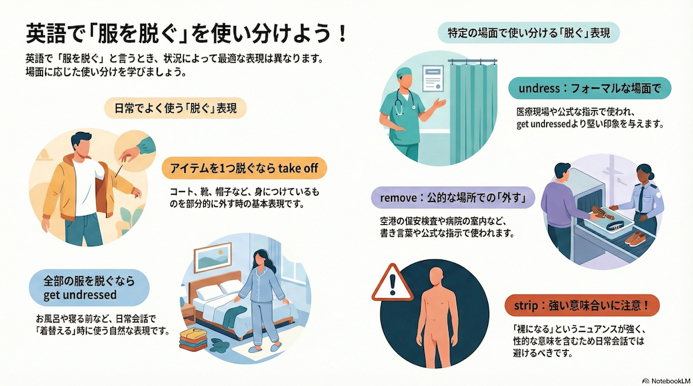 服を脱ぐの英語 インフォグラフィック