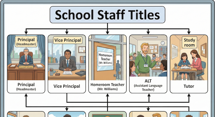 School Titles Table Section Alt text: Illustrated school staff organizational chart. (学校職員の組織図イラスト)
