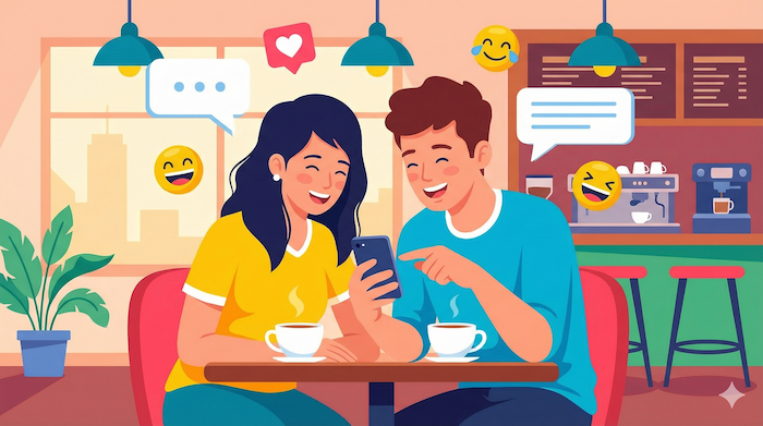 Happy friends in cafe with phone