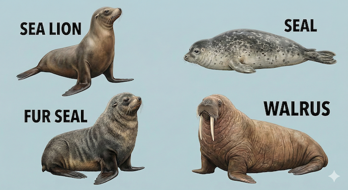 Comparison of sea lion, seal, fur seal, and walrus. (アシカ、アザラシ、オットセイ、セイウチの比較)