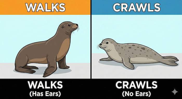 Sea lion walking vs seal crawling graphic. (アシカの歩行とアザラシの這う動作の図)
