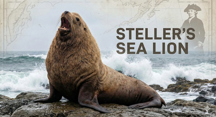 Roaring Steller's sea lion on rocky shore. (岩場で咆哮するトド)