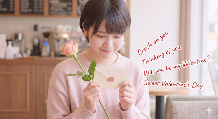 Shy person holding a rose and letter. / バラと手紙を持つ恥ずかしそうな人。