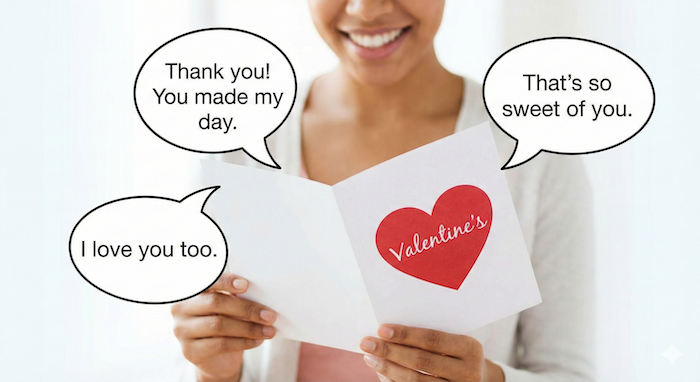 Person replying to a Valentine's card. / バレンタインカードに返事をする人。