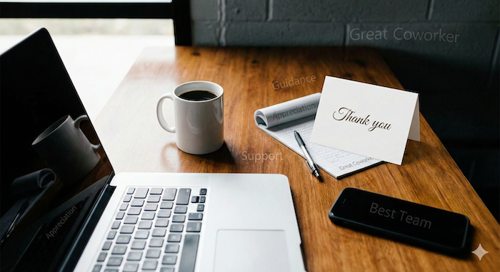 Office desk with chocolates and thank you card. / チョコレートと感謝カードがあるオフィスデスク。