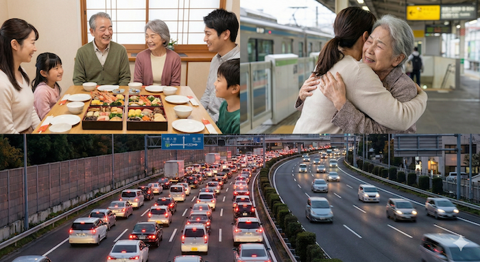 様々な帰省シーンの写真コラージュ