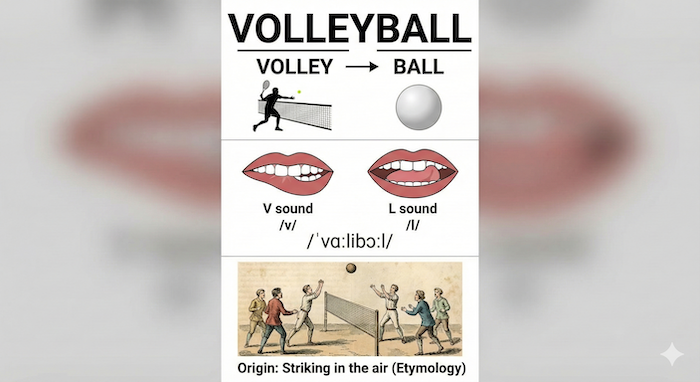 Spelling, pronunciation, and etymology of volleyball. / バレーボールの綴り、発音、語源。