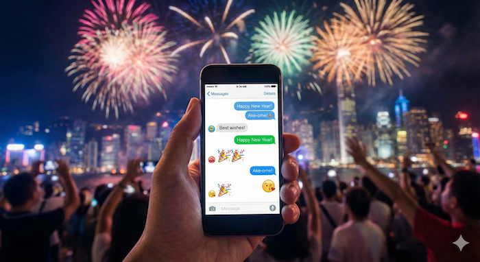 New Year's messages, fireworks. (新年のメッセージ、花火。)